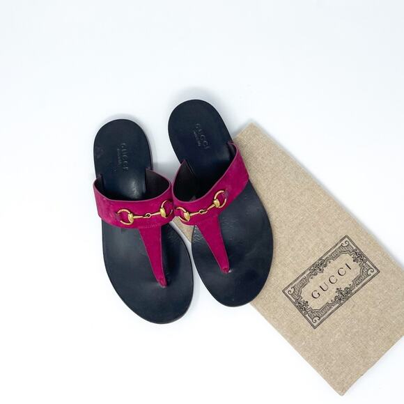 Gucci Marcy Suede Horsebit Leather Thong Sandal Pink Size EU 35.5 - Picture 2 of 6